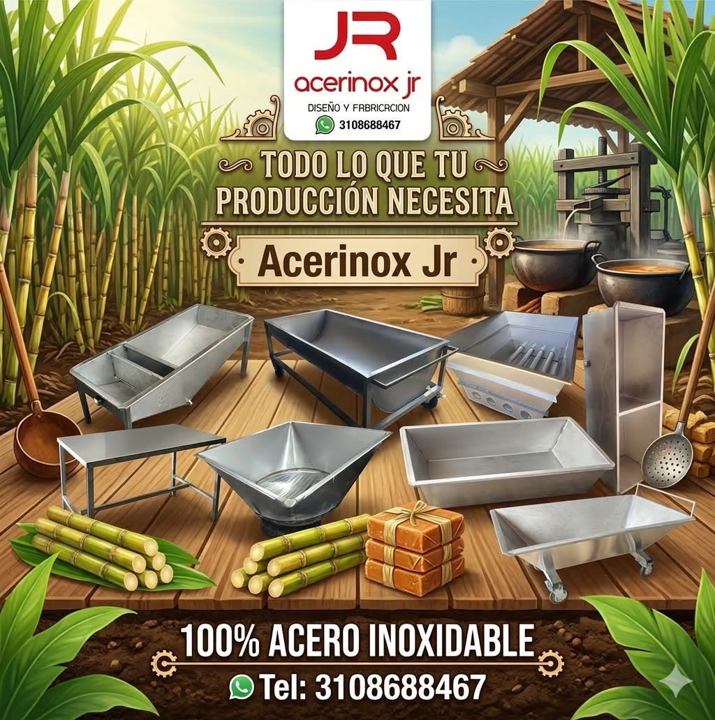 Acerinox JR: todo lo que su producción panelera necesita, 100 % acero inoxidable — bateas, prelimpiadores, pailas, mesas y fondos